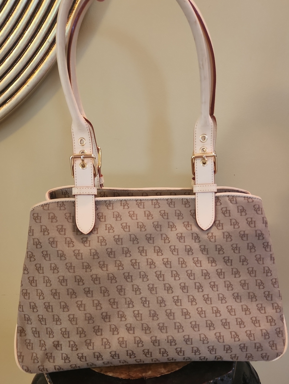 Dooney & Bourke Beige Signature Print Satchel Shoulder Bag with Tan Leather Trim